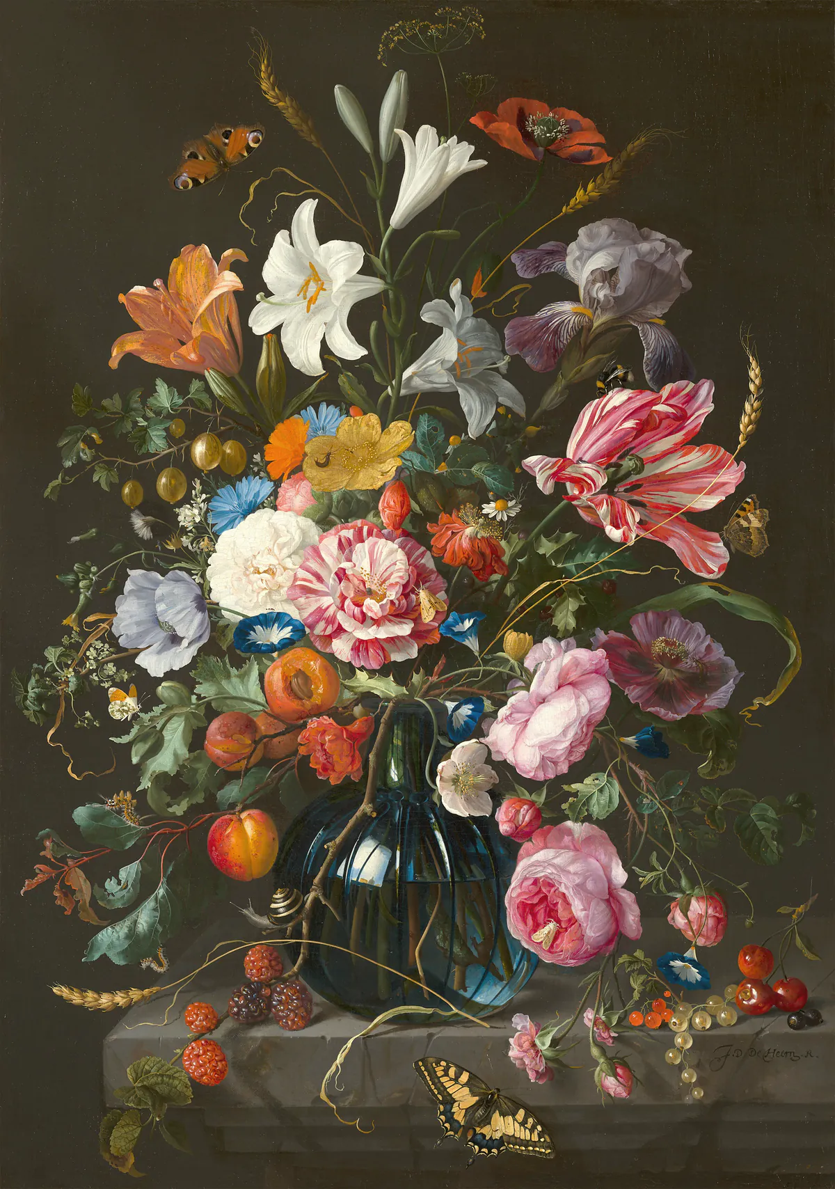An old Dutch still life painting of tulips, roses and lilies in a glass vase