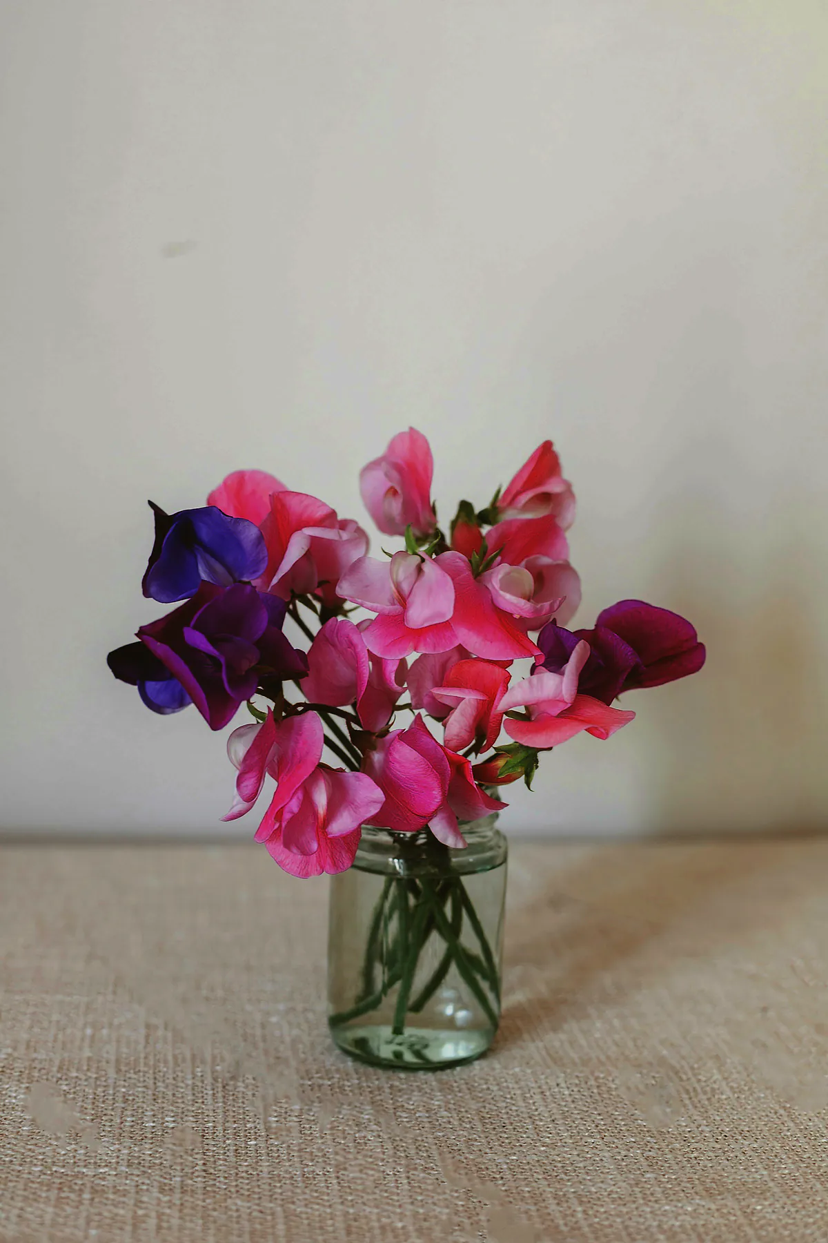 A small glass jar of pink, magenta and violet sweet peas on a linen cloth